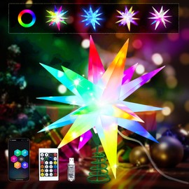 10 Inch Christmas Star Tree Topper, RGB Color Change Christmas Tree Light Up Star, Bluetooth App & Remote Control Music Sync Christmas Tree Decorations Xmas Outdoor Indoor Decor