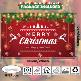 Christmas Backdrop Banner, Large Merry Christmas Banners, Fabric Red Elk Christmas Banner Photo Booth Sign Background, Xmas Happy New Year Hanging Banner for New Year Christmas Party Decorations