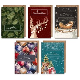 5er Set Weihnachten Karte mit Umschlag - "Frohe Weihnachten" klassischer Weihnachtskartenset Christbaumkugeln Tannenzweige Rudolf Geschenke Schlitten Weihnachtsfeier Christmas Adventszeit (DIN A6)
