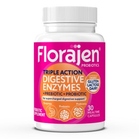 Florajen Enzimas digestivas con probióticos y prebióticos, fórmula de triple acción para la salud intestinal, el alivio de la hinchazón y los gases,  
