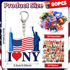 80Pcs NYC Souvenirs Gifts,30PcsNew York City Keychain,50pcs New York View Souvenir Stickers,USA Flag American Patriotic Keyring Collection Travel Gift for NYC Party Decoration Friend Guest