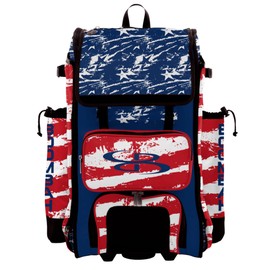 Boombah Rolling Catchers Superpack Bat Bag - 23-1/2" x 13-1/2" x 9-1/2" - Telescopic Handle - Holds 4 Bats - Wheeled Version - USA Duty Red/Royal Blue/White