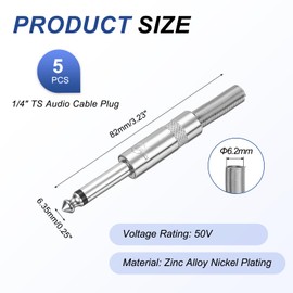 sourcing map 5 Pcs 1/4" Audio TS Plug, 6.35mm Mono Male Plug Cable Connector, TS Male Audio Cable Adapter for Speaker, Microphone, Guitar, 3.23" Silver