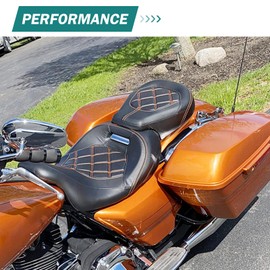 rewmtermoto Motorcycle Seat Passenger Rider Two-up Pillion Fit for Harley Touring Street Glide Road Glide Road King Electra Glide 2009-up (Orange Stitching)