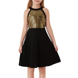 GRACE KARIN Tween Girls Dress Size 12-14 Sequin Shinny Party Dance Dress for Girls Kids Formal Pageant Prom Midi Dress Black Gold