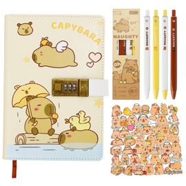 Capybara Diary with Combination Lock, 22 x 15 cm, PU Leather Notebook with Pen Holder, Journal Including 4 Pens and 1 Pack of Stickers, Cartoon Design for Children, Students and Gift (Beige-Blue)