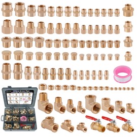 Ailbiuko 105PCS Brass Pipe Fittings Assortment Kit NPT Adapter,Reducer Bushing, Hex Nipple, Reducing Hex Coupling,90 Degree Street Elbow,Street Tee,Ball Valve,Hex Head Plugs,Socket Plug Fittings Kits