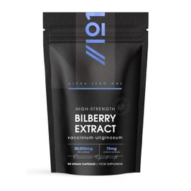 Bilberry Extract 30,000mg - Standardised 25% Anthocyanidins from 50:1 Vaccinium Uliginosum Extract - 90 Vegan Capsules (3 Months Supply) – Resealable and Recyclable Pouch by Alpha01