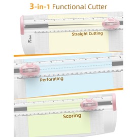 Firbon 3-in-1 Paper Cutter, Compact Small A5 Paper Trimmers with Straight Cutting, Scoring & Perforating Blades for Scrapbooking Craft, Paper, Coupon, Label, Cardstock (Pink)