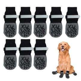 Anti Slip Dog Socks Paws Stop Licking,8PCS Pet Paw Protector with Grips Adjustable Doggy Boots for Puppy Indoor Outdoor Hardwood Floor Walking(Black L Size)