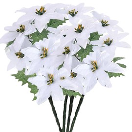 Artificial Poinsettia Bushes Christmas Artificial Flowers 13.38 Inch Faux White 7 Heads Silk Poinsettia Artificial Christmas Flower White for Home Decor