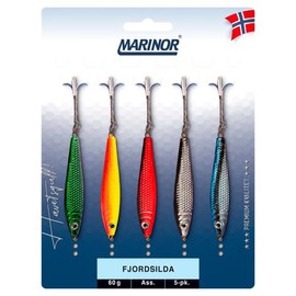 MARINOR Fjordsilda Pilker-Set, 5 Stück, 18g bis 60g, Klassische Heringsform mit Drillingshaken, Küstenblinker, Meeresköder (18g)