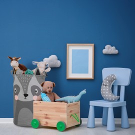 Relaxdays Childrens Storage Basket, Raccoon Design, Foldable, H 55 x D 33 cm, Toy Basket with Handles, Grey