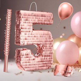 Sratte Princess Piñata with Stick Blindfold Confetti Rose Gold Piñata for Girls Birthday Party Baby Shower Anniversary Celebration Decorations Supplies, 16 x 11 Inch (Number 5)
