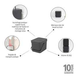 Brabantia 109720 Sort & Go Plastic Waste Bin, 58.4 x 28.5 x 42.4 cm, Grey, 6L