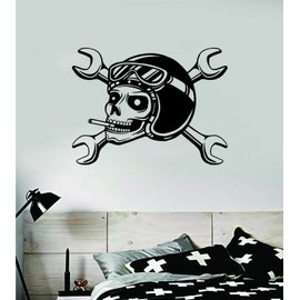 Biker Skull V2 Wall Decal Sticker Vinyl Art Bedroom Living Room Decor Teen Boy Girl Ride Bike Dirtbike Race Cruise Off Road Cross Country Motorcycle Wheel Engine Mechanic Tools Wrench Helmet