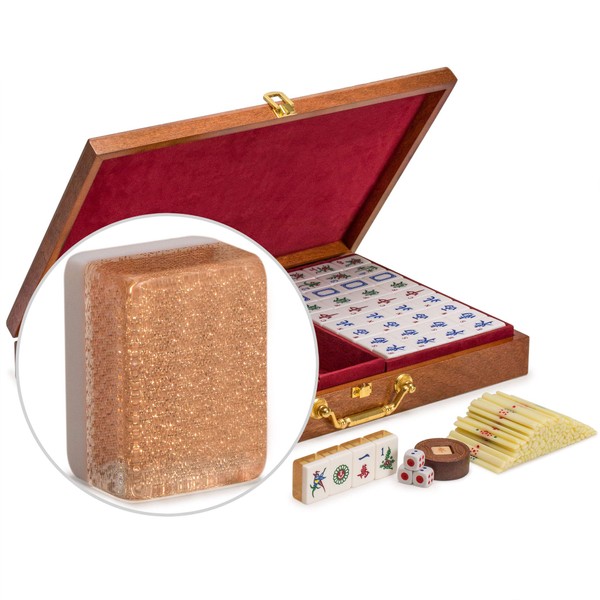 Yellow Mountain Imports Classic Chinese Mahjong Game Set, “Champagne Gold” - with 148 Medium Size Tiles, a Wooden Case, Scoring Sticks, 3 Dice, and a Wind Indicator - for Chinese Style Game Play