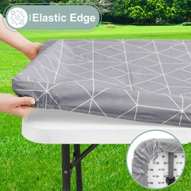 misaya Rectangle Fitted Plastic Table Cloth, Elastic Vinyl Flannel Backed Tablecloth, Waterproof Table Cover Fits 8 Foot Folding Tables for Outdoor Picnic Camping (Light Grey, 30" x 96")