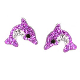 FIVE-D Children's earrings dolphin crystal 925 sterling silver in jewellery box, Silver, Pink