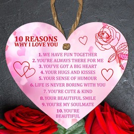 Pixie's Gifts 10 Reasons Why I Love You Wooden Heart Plaque - Sentimental Valentine's Day and Anniversary for Him or Her - Handcrafted with Love Message - Rustic Home Decor