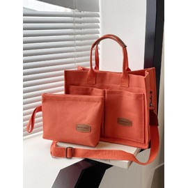 Solid Color/fruit/leopard Summer Fall Tote Bag Set, Tote Bag for Women, Everything Tote Bag for Women & Small Wristlet Bag, Trendy Commuting Work Bag Set, Everyday Bags Back To School, Girlfriend Gifts:_Orange_Please Refer To The Pictures for Dimensions