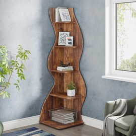 Tribesigns Modern 5-Tier Wall Corner Bookshelf, Stylish Corner Small Bookcase Storage Rack, for Living Room, Bedroom, and Entryway Decor Shelves - Color: Brown