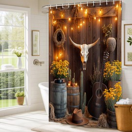 Dongbei - Cortina de ducha de vaquero occidental, cortina de baño para puerta de granero, cortina de baño con botas vaqueras florales, Texas Retro rústico suroeste con ganchos, 70 x 70 pulgadas