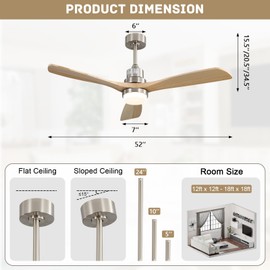 Sofucor 52 Inch Ceiling Fans With Lights, Solid Wood Indoor/Outdoor Ceiling Fan with Lights Remote Control, Reversible DC Motor, 3 Blade Modern Ceiling Fan Light for Bedroom Patio Farmhouse