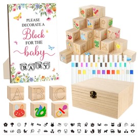 ZCPTZ 150 Pcs Wildflower Baby Shower Games Sign Kit, Including a Decorate Flower Game Sign 102 DIY Wooden Blocks 36 Acrylic Markers 10 Stencils 1 Storage Box, for Baby Shower Party Gender Reveal