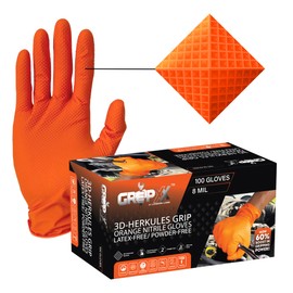 GRIPXX Herkules Grip Heavy Duty 8Mil Orange Nitrile Gloves,3D Raised Diamond Texture-Latex & Powder Free-Industrial, Mechanic (1, Small)