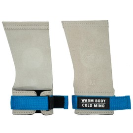 WARM BODY COLD MIND Leather Hand Grips - NO Holes for Weightlifting, Powerlifting, Gymnastics, Cross Training, Pull-Ups, Weight Lifting, Wrist and Palm Protection (White/Blue, L, Basic)