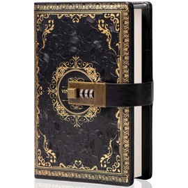 Vintage Leather Journal Notebook with Combination Lock, B6 Embossed Flower Secret Diary Ruled Lined Paper for Writing, Gift for Women Girls Children (Black)
