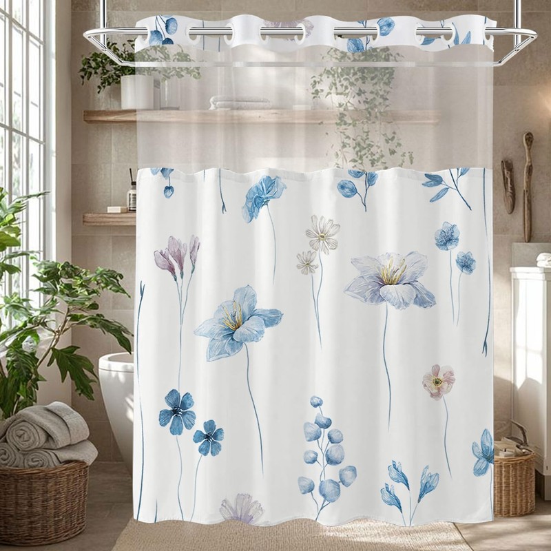 No Hook Shower Curtain and Liner Set, Blue Floral 71x77