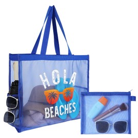 KUIRAN 30L Large Beach Bag with Pouch Foldable Sandproof Lightweight Mesh Tote Bag with Two Pockets for Swimming Travel