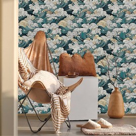 Boho White Cream Blue Vintage Sea Wave Geometric Mosaic Peel and Stick Wallpaper Contact Paper Vintage Vinyl Stick on Wall Paper for Bedroom Bathroom Kitchen Cabinet Renter Friendly