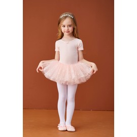 MdnMd Short Sleeve Dance Ballet Tutu Shiny Colorful Skirt Leotard Ballerina Outfit Costume for Girls Kids (Ballet Pink, 6-8 Years)