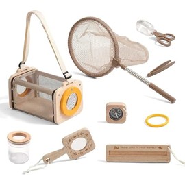 Wooden Bug Catcher for Kids, 8-in-1 Insect Exploration Set with Butterfly Net, Magnifying Glass, Bug Habitat, Tweezers, Compass,Outside Toys for Toddlers