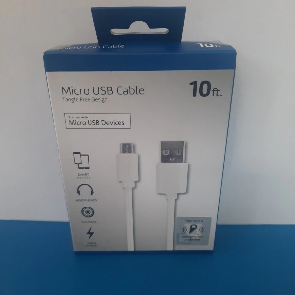 Unbranded 10ft Micro USB Cable, Tangle-Free, Rapid Charge, Smart Devices,