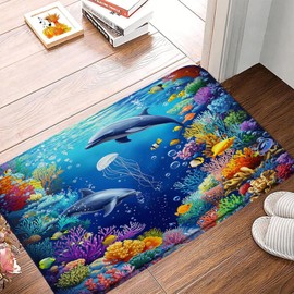 Underwater World Bath Mat Ocean Animal Dolphin Iellyfish Tropical Fish Coral Sea Blue Bathroom Kitchen Memory Foam Rug,18x30 Inch
