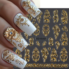 5D Gold Nail Stickers Embossed Bronzing Butterfly Flower Nails Decals Self Adhesive Retro Totem Floral Nails Design Sticker Fall Nail Art Stickers Decor for Women Acrylic Manicure Accessories 2Pcs