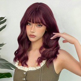Ucubb Short Bob Wavy Wig with Bangs for Women Loose Curly Wig Look natural Shoulder Length Bob Synthetic Cosplay Wig for Girl Colorful Costume Wigs (Wine Red)