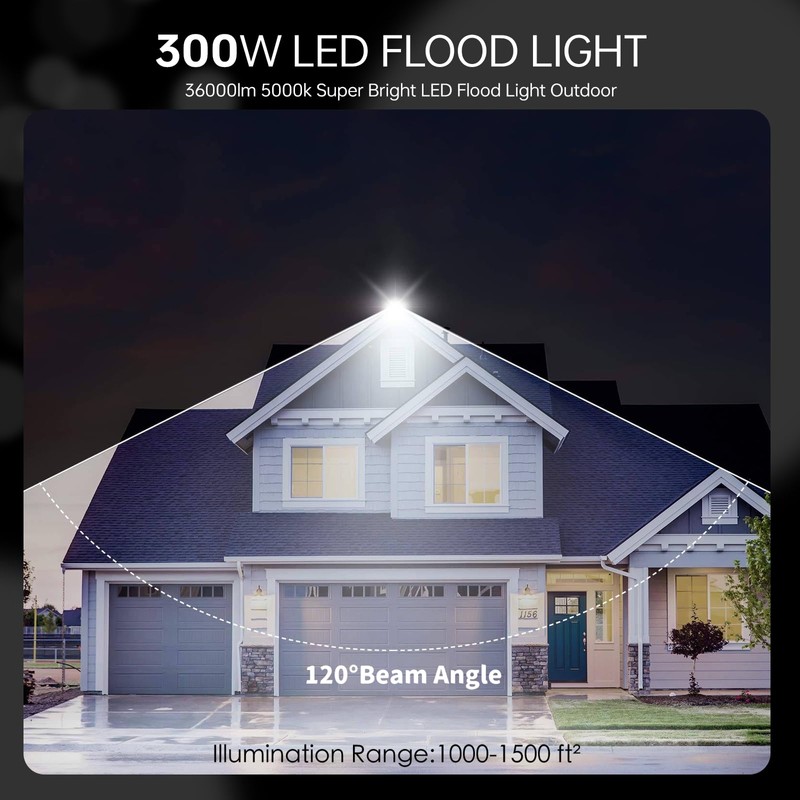 300W LED Flood Light, 36000LM Floodlight with Plug,IP66 Waterproof Outdoor