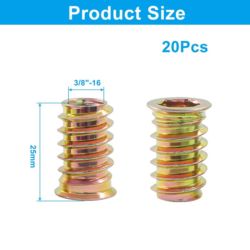 Moicstiy 20 Pcs 3/8"-16x 25mm Threaded Inserts for Wood, Nut