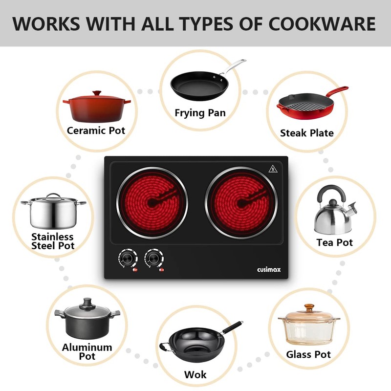 CUSIMAX Double Burner, 1800W Ceramic Electric Hot Plate for Cooking,