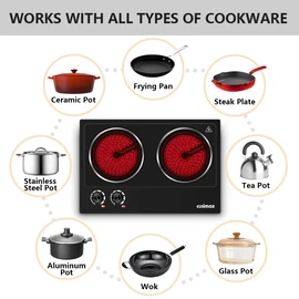 CUSIMAX Double Burner, 1800W Ceramic Electric Hot Plate for Cooking, Dual Control Infrared Cooktop, Portable Countertop Burner, Glass Plate Electric Cooktop, Stainless Steel Black