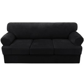 H.VERSAILTEX Sofa Cover 4 Piece T Cushion Sofa Slipcovers Velvet Couch Cover Furniture Protector Stretch T Cushion Sofa Covers for 3 Cushion Couch with 3 Individual T Cushion Covers Washable, Black