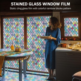 FEOMOS Stained Glass Window Film, Window Privacy Films, Colorful Lattice Window Tint, Rainbow Glass Decals Stickers for Home Anti UV 11.8x157.4 inches
