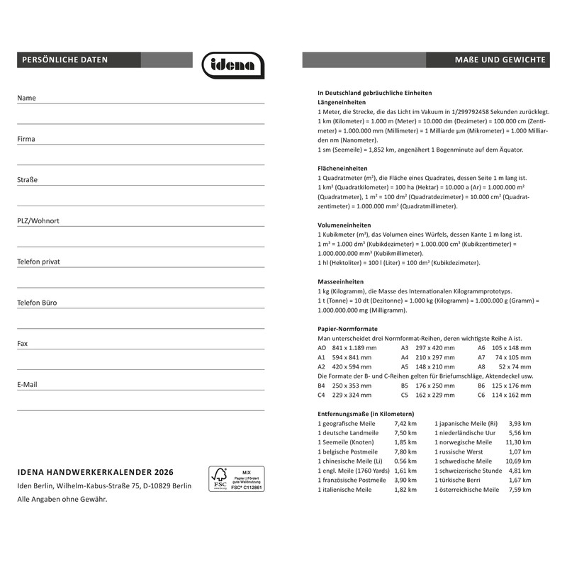 Idena 12060 Pocket Diary 2026 in Format 10 x 16.5