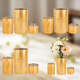 CHILL RECIPE Gold Assorted Tea Lights Votive Pillar Candle Holders, Speckled Mottled Glass Candle Holder Bulk, Glod Wedding Decor Mercury Candle Holder Vase for Party Table Centerpieces(4 Set 12Pcs)