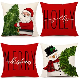 CJWLKJ Red Christmas Pillow Covers 18x18 Set of 4 Farmhouse Christmas Decorations Snowman Wreath Santa Claus Tree Merry Christmas Holly Jolly Winter Holiday Decor Throw Cushion Case for Home Couch